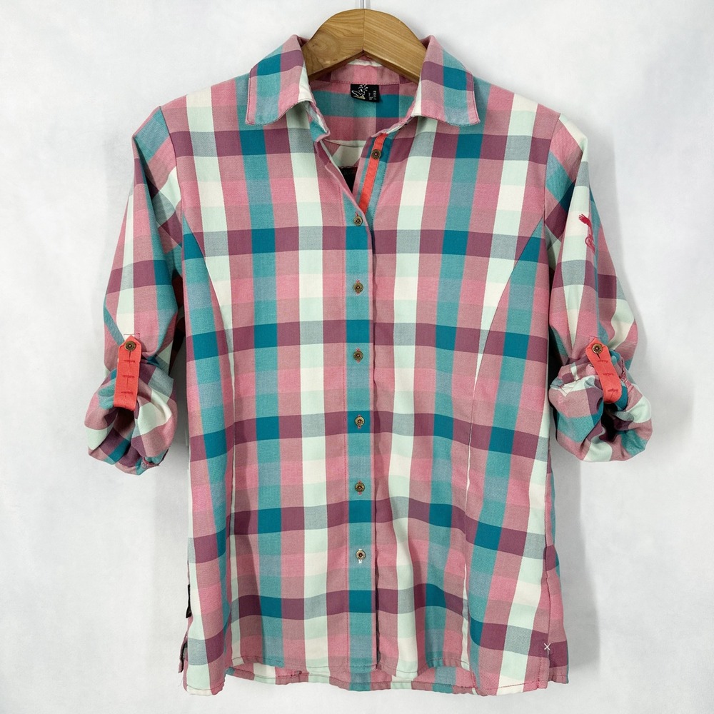 Salewa Therma 2.0 Twill Plaid Pink Teal Button Down Shirt Womens Size Large